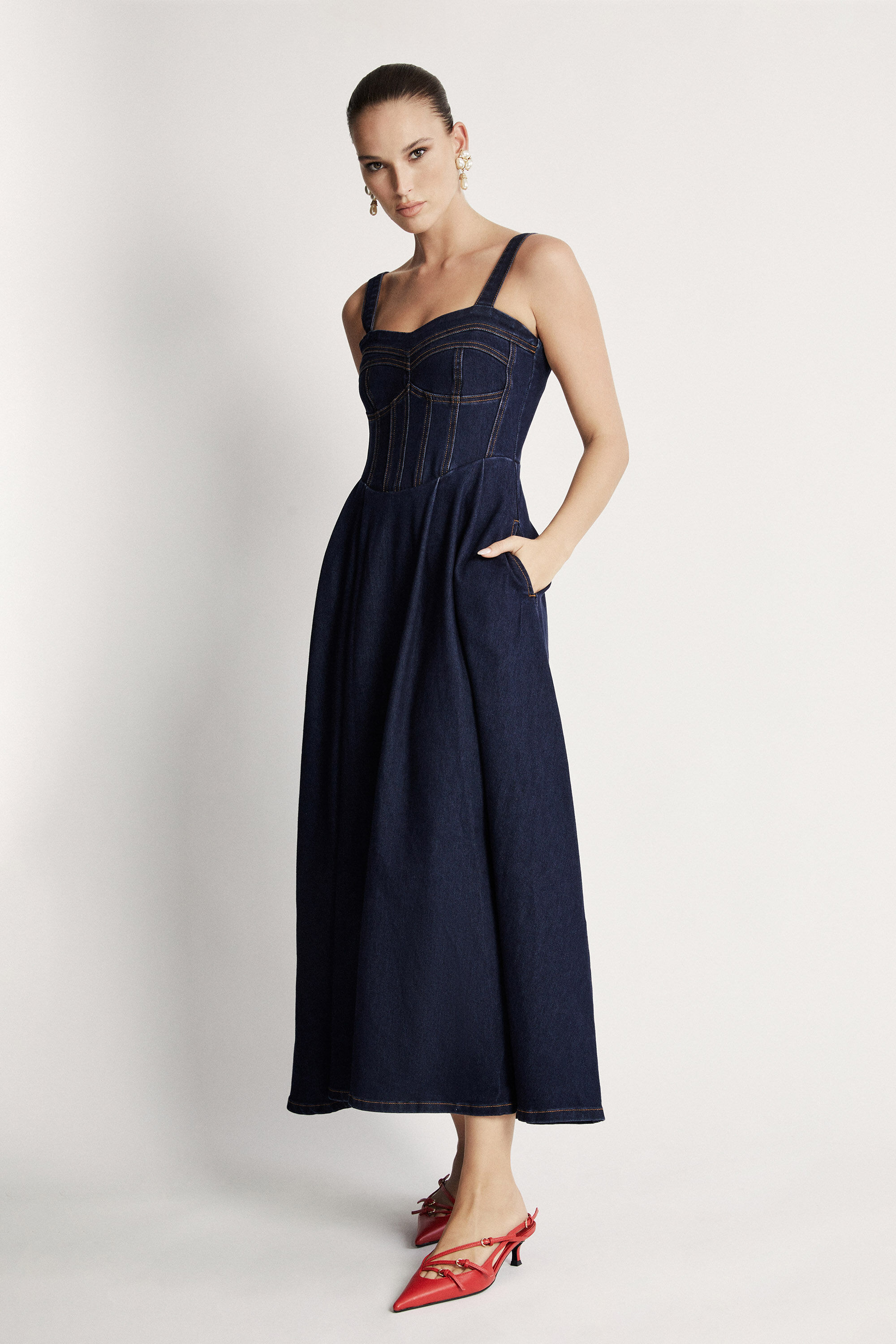 Lilah Denim Midi Dress In Dark Denim | Bardot