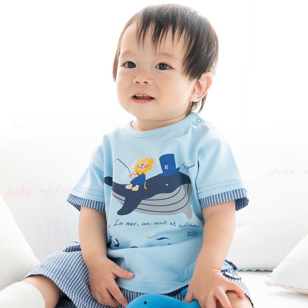 クジラライオン釣りTシャツ(70~90cm)(S(70-80cm) ブルー系): 新生児
