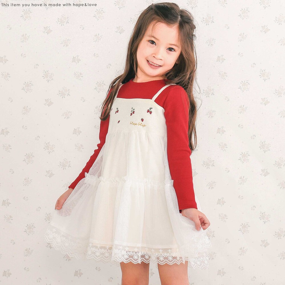 イチゴ刺しゅうフワフワチュールティアードドッキングワンピース(80