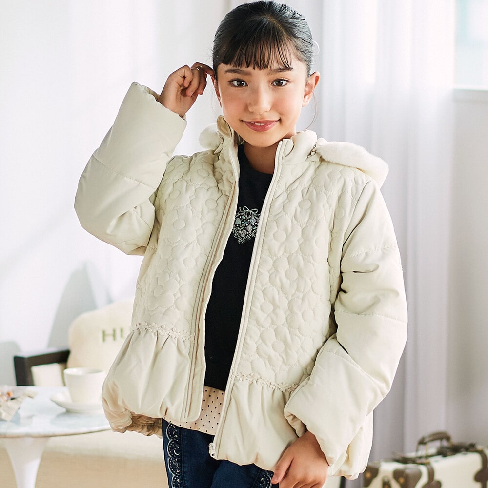 ファー付きフードキルト中綿ジャケット(80~130cm)(80cm オフホワイト