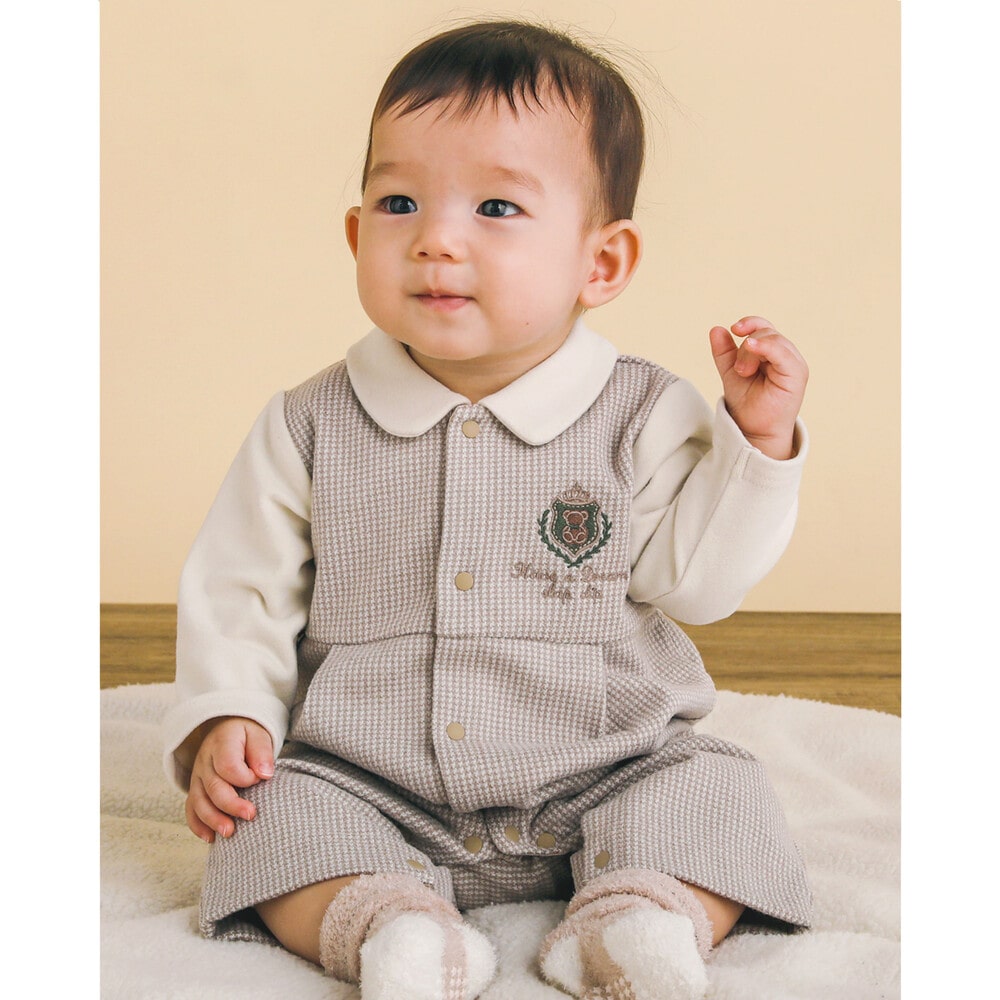 エンブレム 刺繍 重ね着 風 千鳥 柄 ロンパース ベビー (60~80cm)(60cm