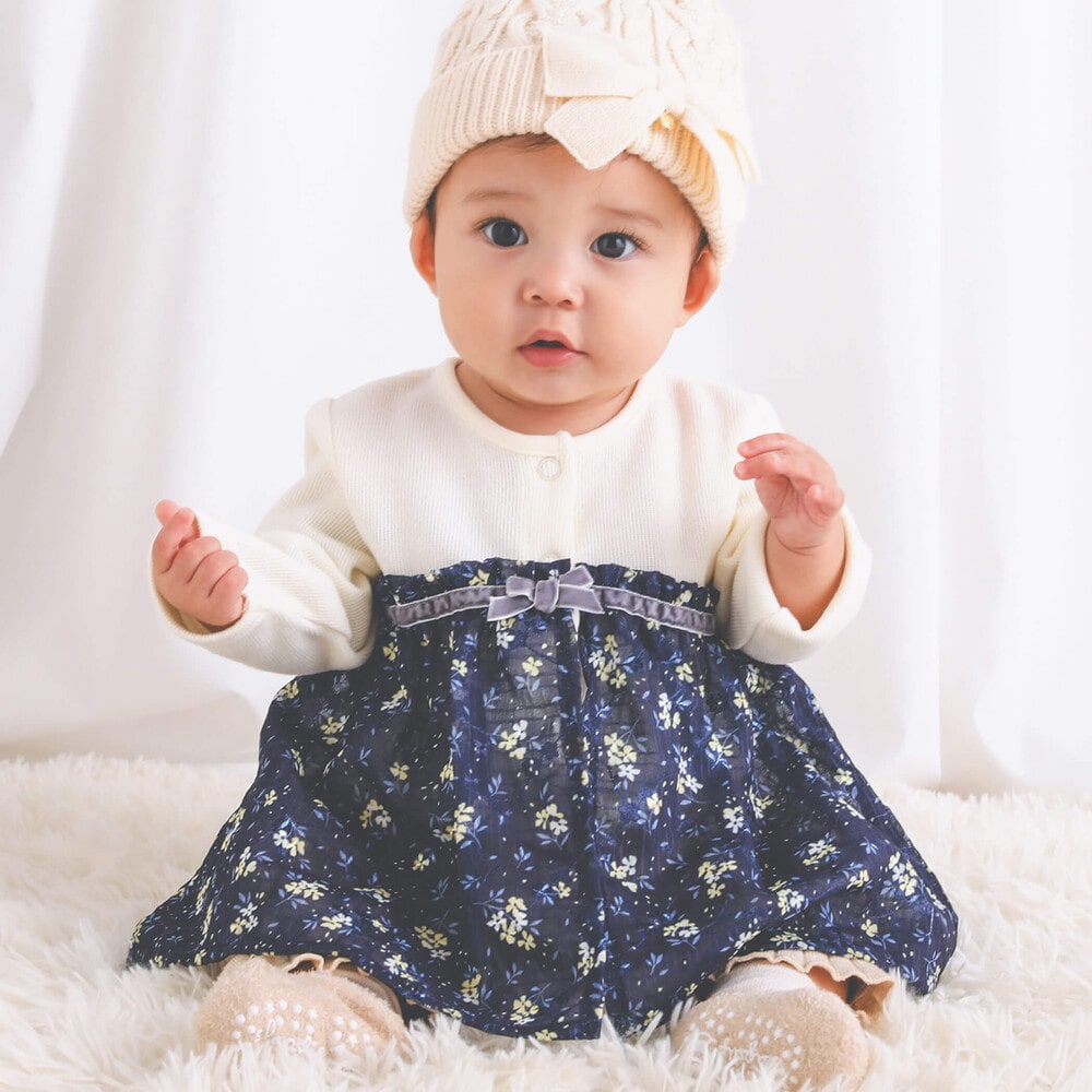 花柄シフォンドッキングロンパースベビー(60~80cm)(60cm ネイビー系