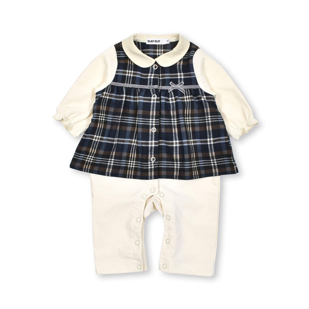 お揃い】チェック柄襟付きロンパースベビー(70~80cm)(70cm ネイビー系