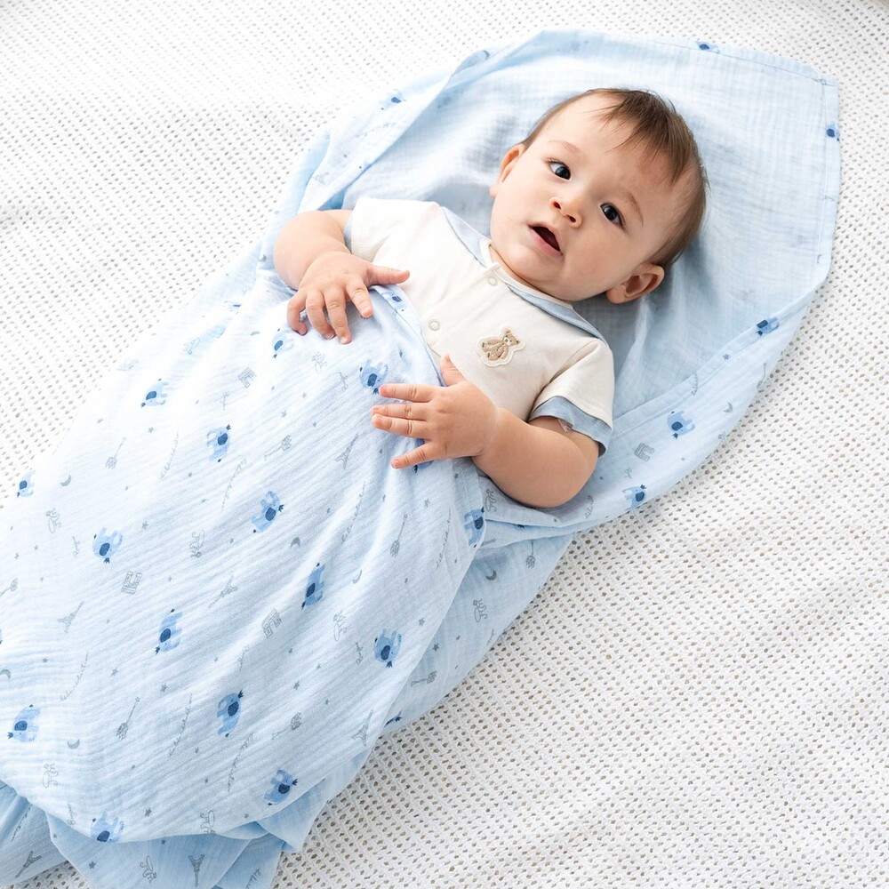 お揃い】ガーゼアニマルプリントスワドル(ワンサイズ ブルー系