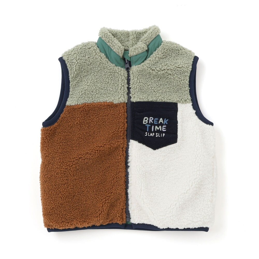 胸刺しゅうバイカラーリバーシブルボアベスト(80~130cm)(80cm グリーン