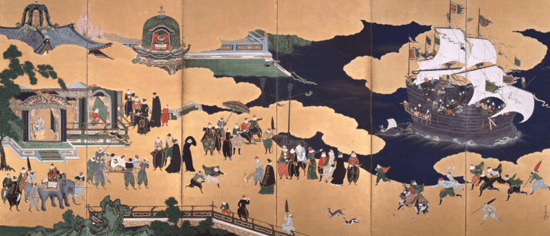 南蛮人図屏風 四曲一隻 時代名品 在銘 紙本彩色 旧家造出品 南蛮人図