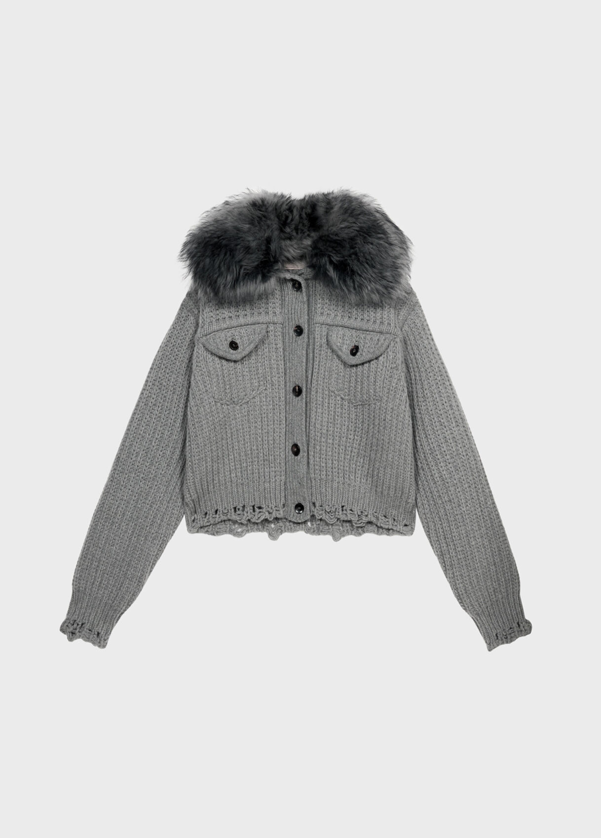 Grey Wool cardigan with faux fur collar - Blumarine US