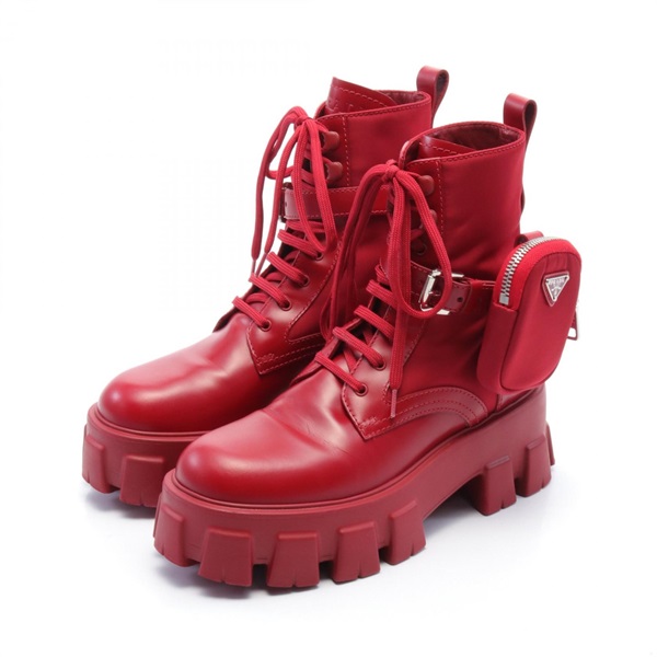 プラダ(PRADA)プラダ モノリス ポーチ付 レザー × Re-Nylon ブーツ 靴
