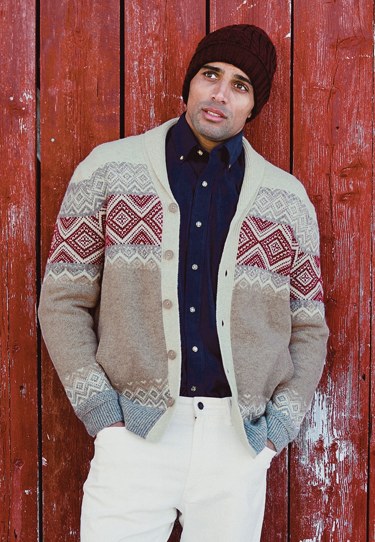 Shelley Winter White Shawl Collar Fairisle Cardigan
