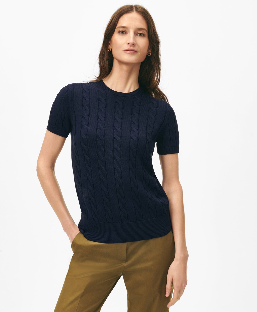 スーピマコットン ケーブル クルーネック ショートスリーブセーター