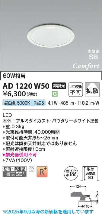 AD1220W50(コイズミ照明) 商品詳細 ～ 照明器具・換気扇他、電設資材