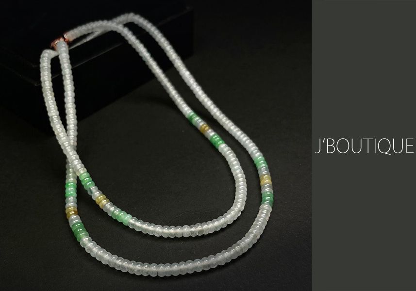 ミャンマー産天然無処理翡翠 ビーズ ネックレス ホワイト 翠緑 黄翡 冰