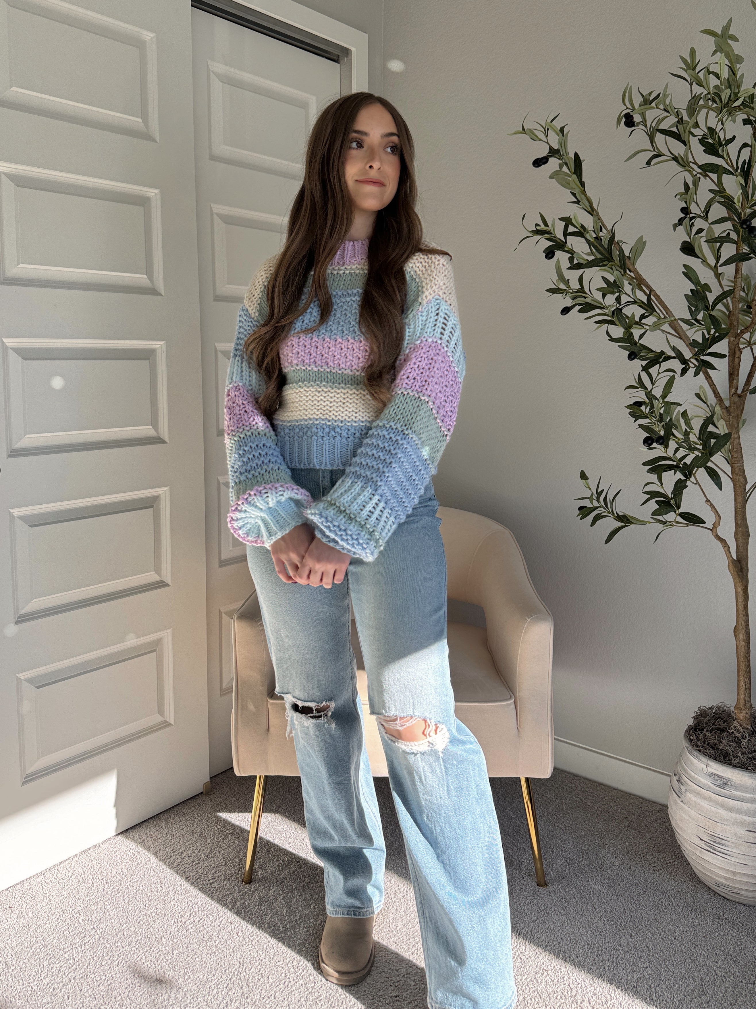 Mabel Striped Mock Neck Chunky Knit Sweater (Lilac/Multi) – La