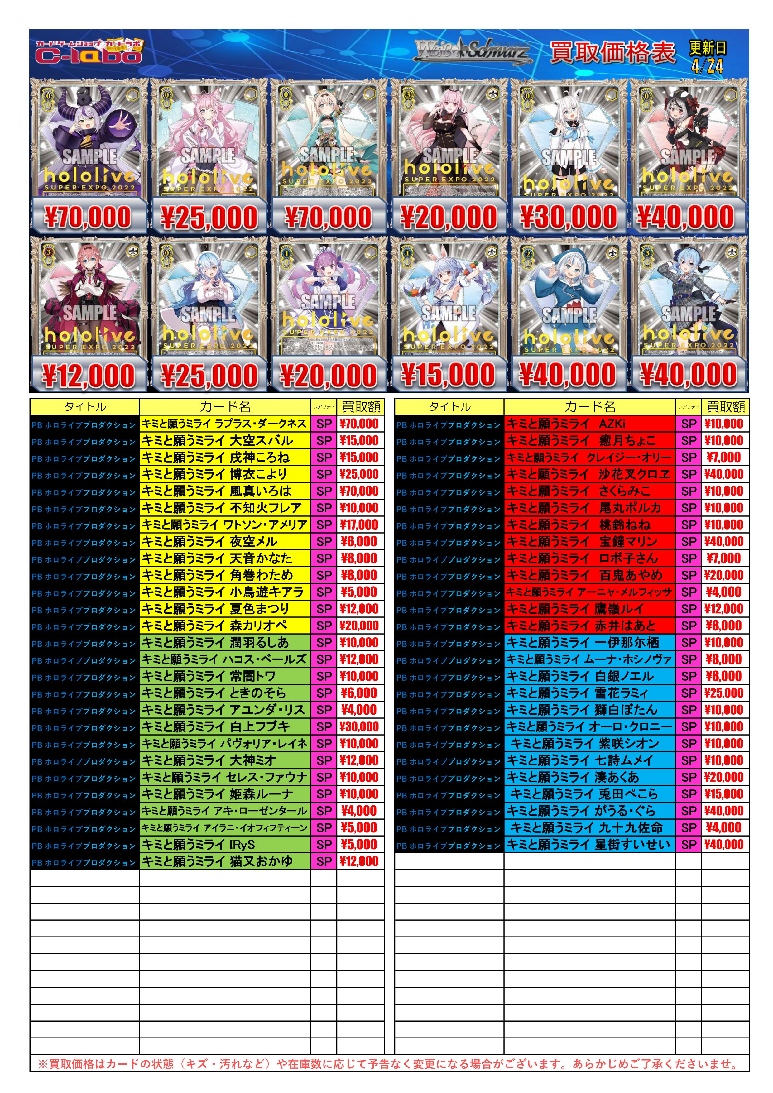 ヴァイスシュヴァルツ】ホロライブプロダクションSP、HLP買取表更新