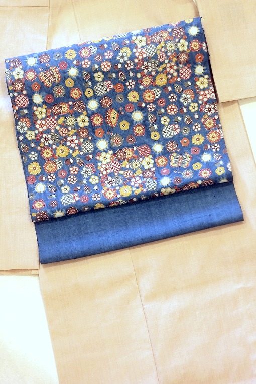 型絵染九寸名古屋帯/岡本紘子作 花 藍染絞り