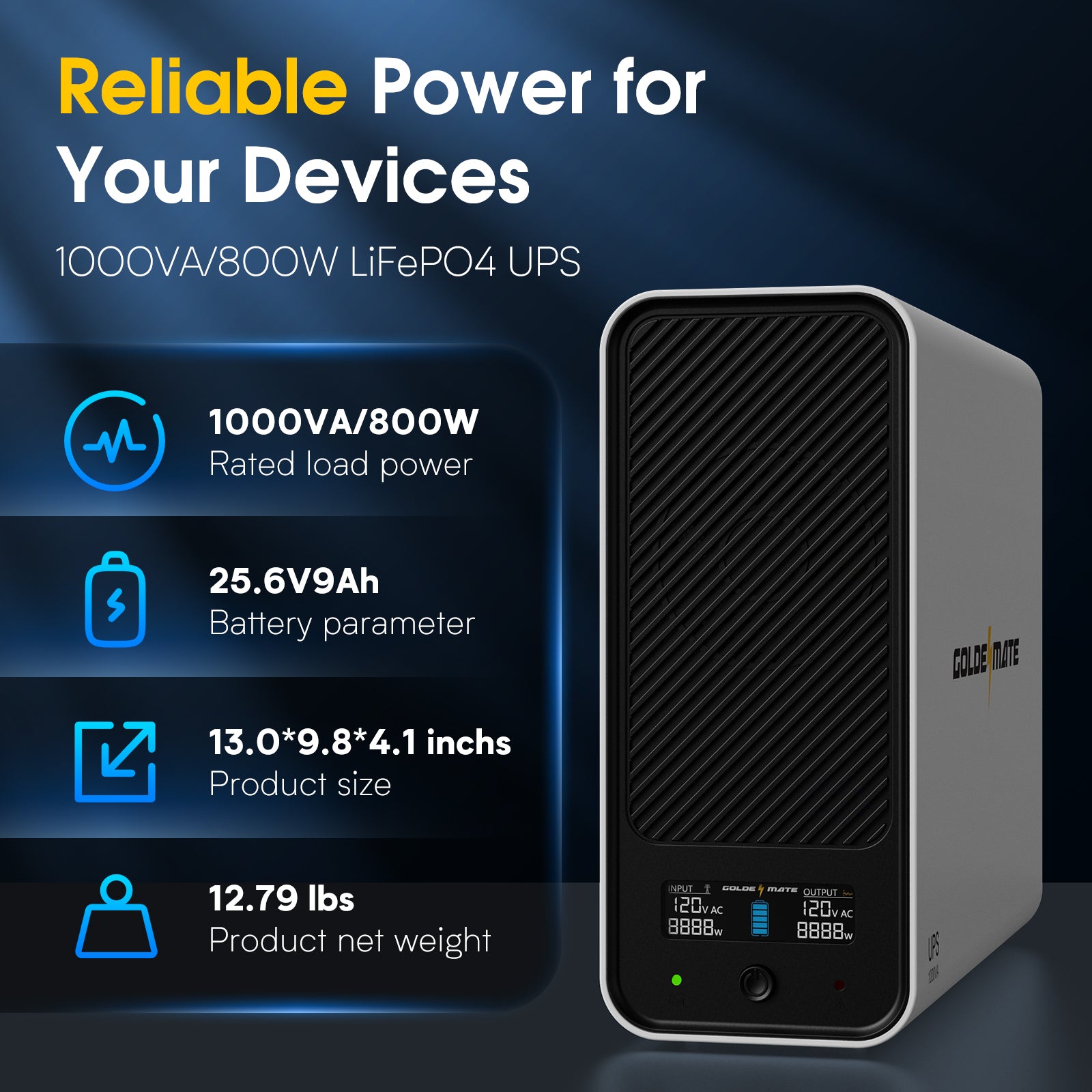 GoldenMate LiFePO4 Battery UPS System – Power Backup & Surge