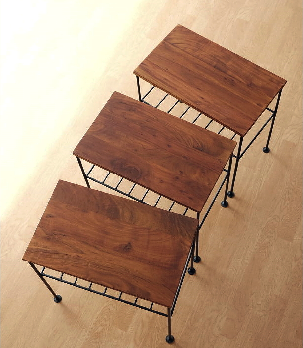 サイドテーブル 木製 アイアン 棚付き 天然木 無垢材 鉄脚 アカシア