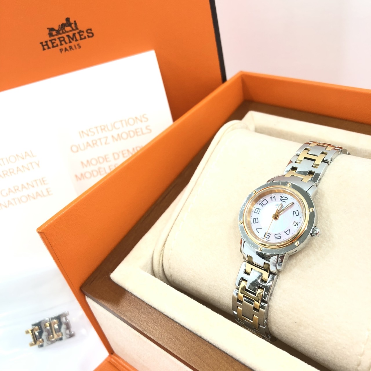 HERMES エルメス クリッパー クラシック デイト ピンクシェル文字盤