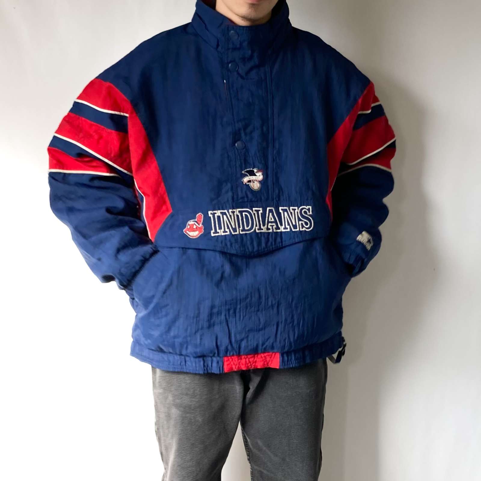 古着–古着 90's STARTER インディアンズ 旧ロゴ ハーフジップ ナイロン