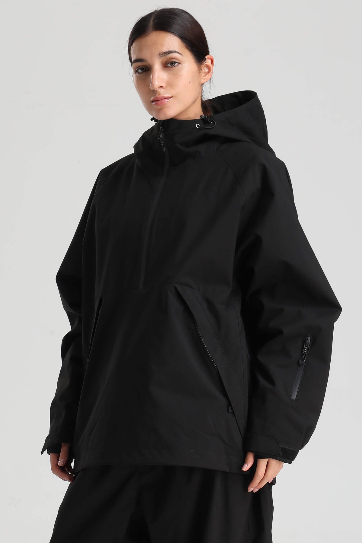 Women's Black Minimalist Half-Zip Waterproof Insulated Snow Anorak