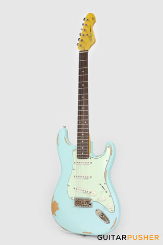 Vintage V6 Icon S-Style Electric Guitar - Distressed Laguna Blue