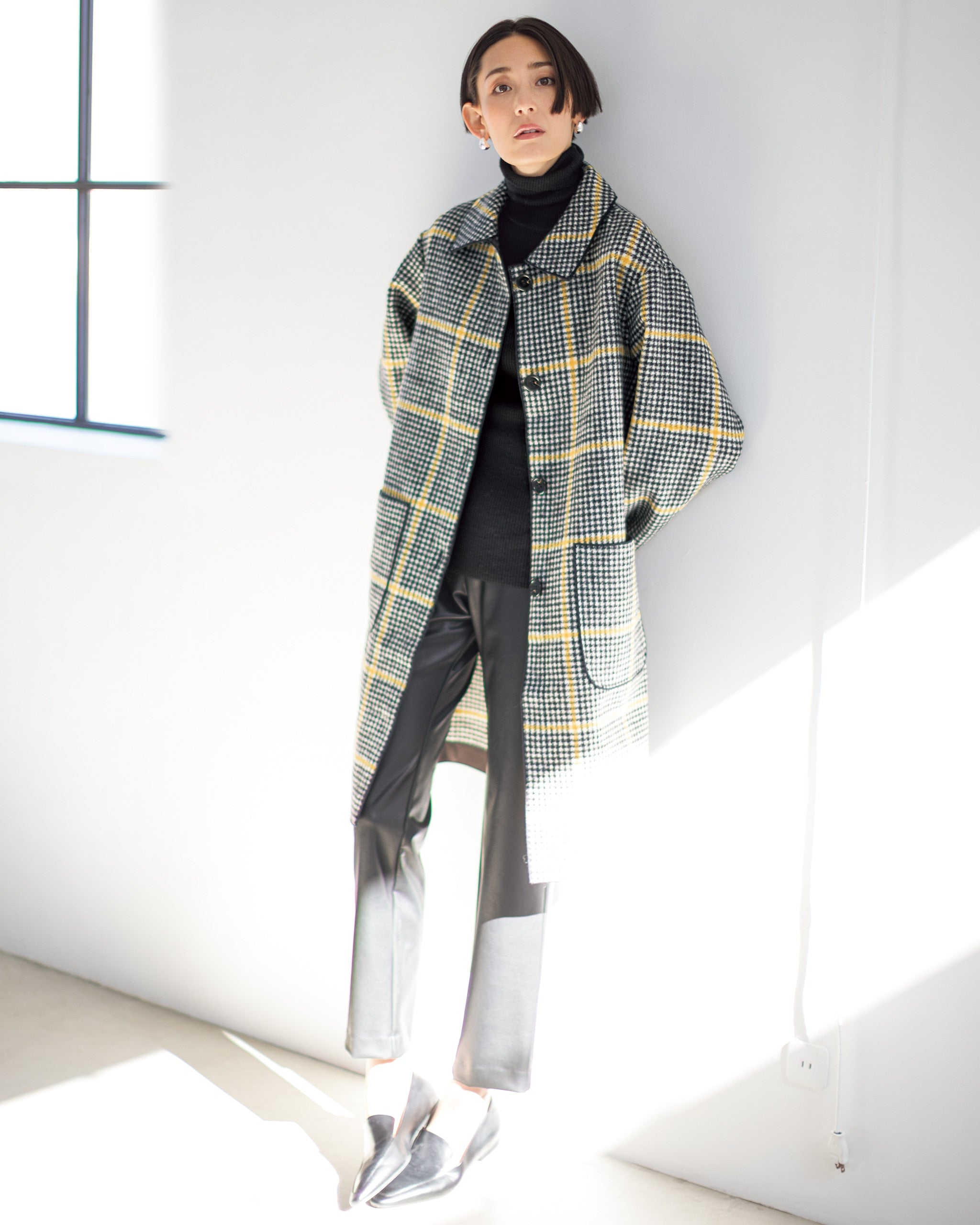 ウール混モッサ・ウィンドウチェックコート/DoCLASSE