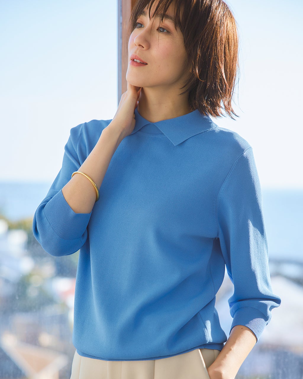 総針編み・衿つきニットプルオーバー/DoCLASSE