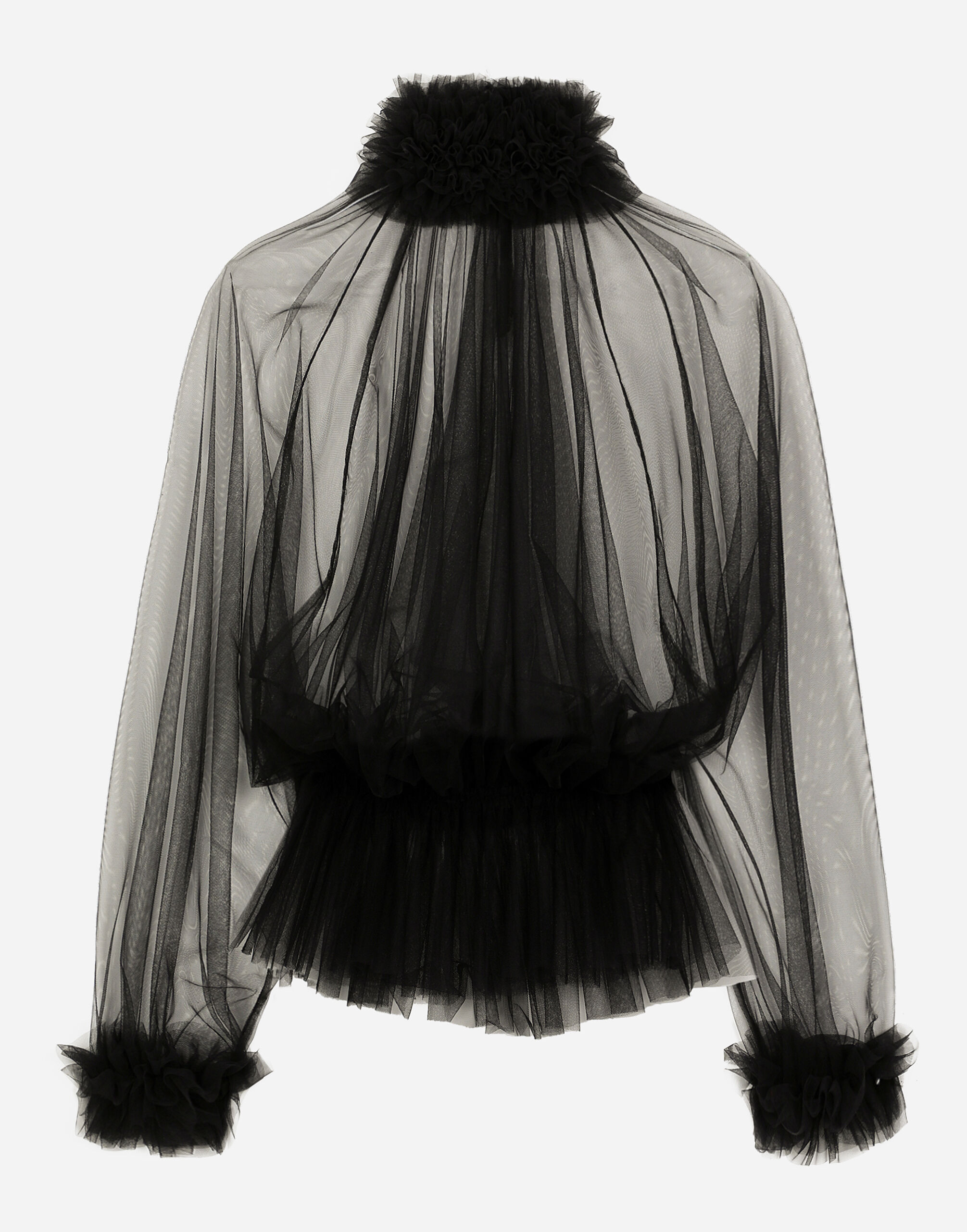 Tulle blouse with ruffles on the neck and cuffs in Black for Women