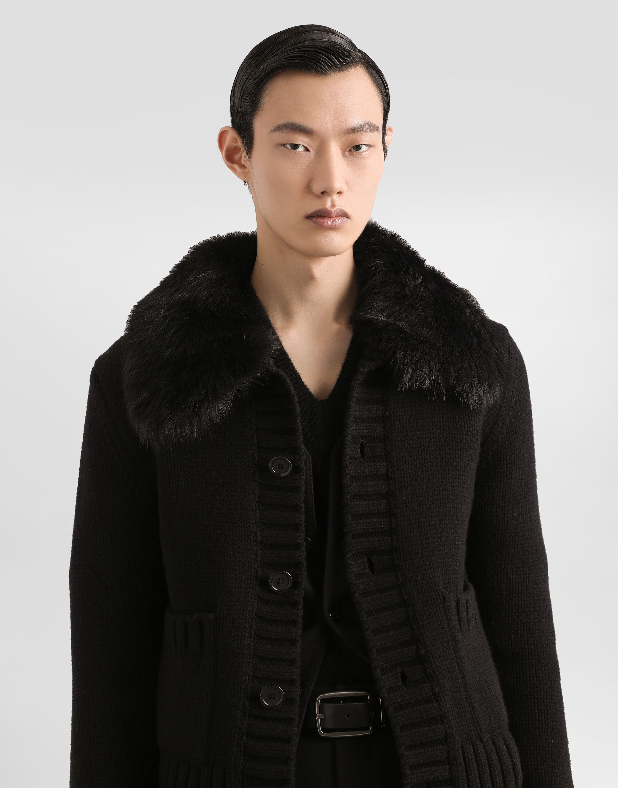 Wool jacket with fur-effect collar in Black for Men