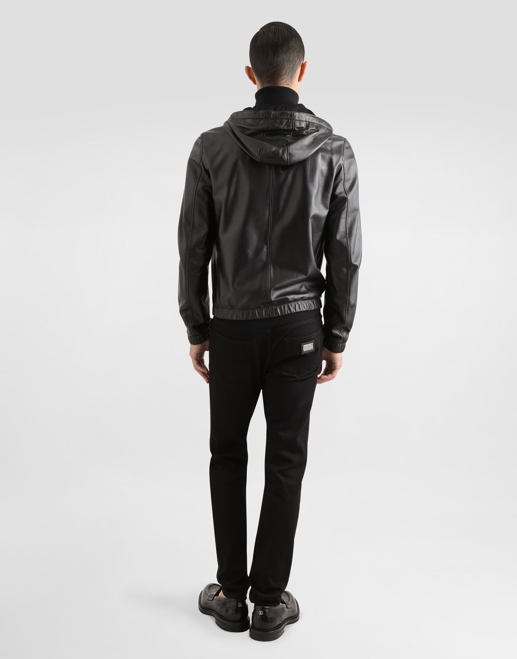 Leather jacket with hood and branded tag in Black for Men