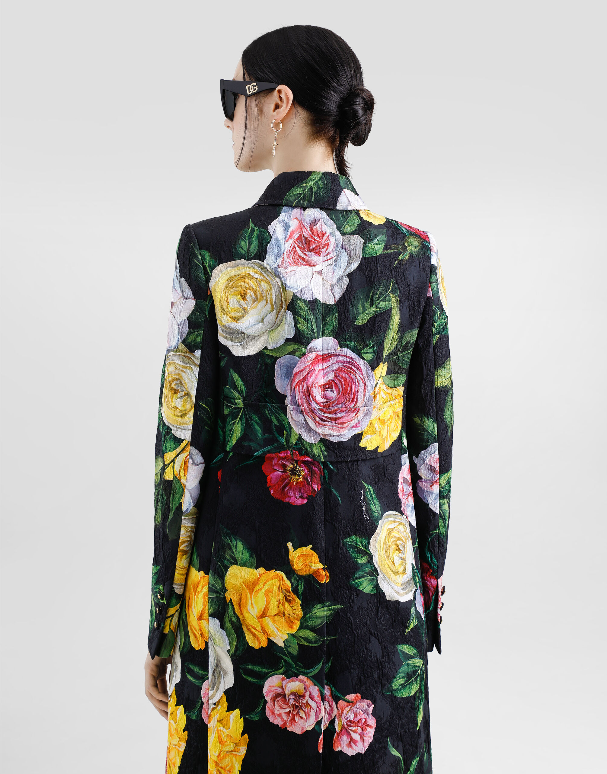Single-breasted peony and rose-print brocade coat in Print for