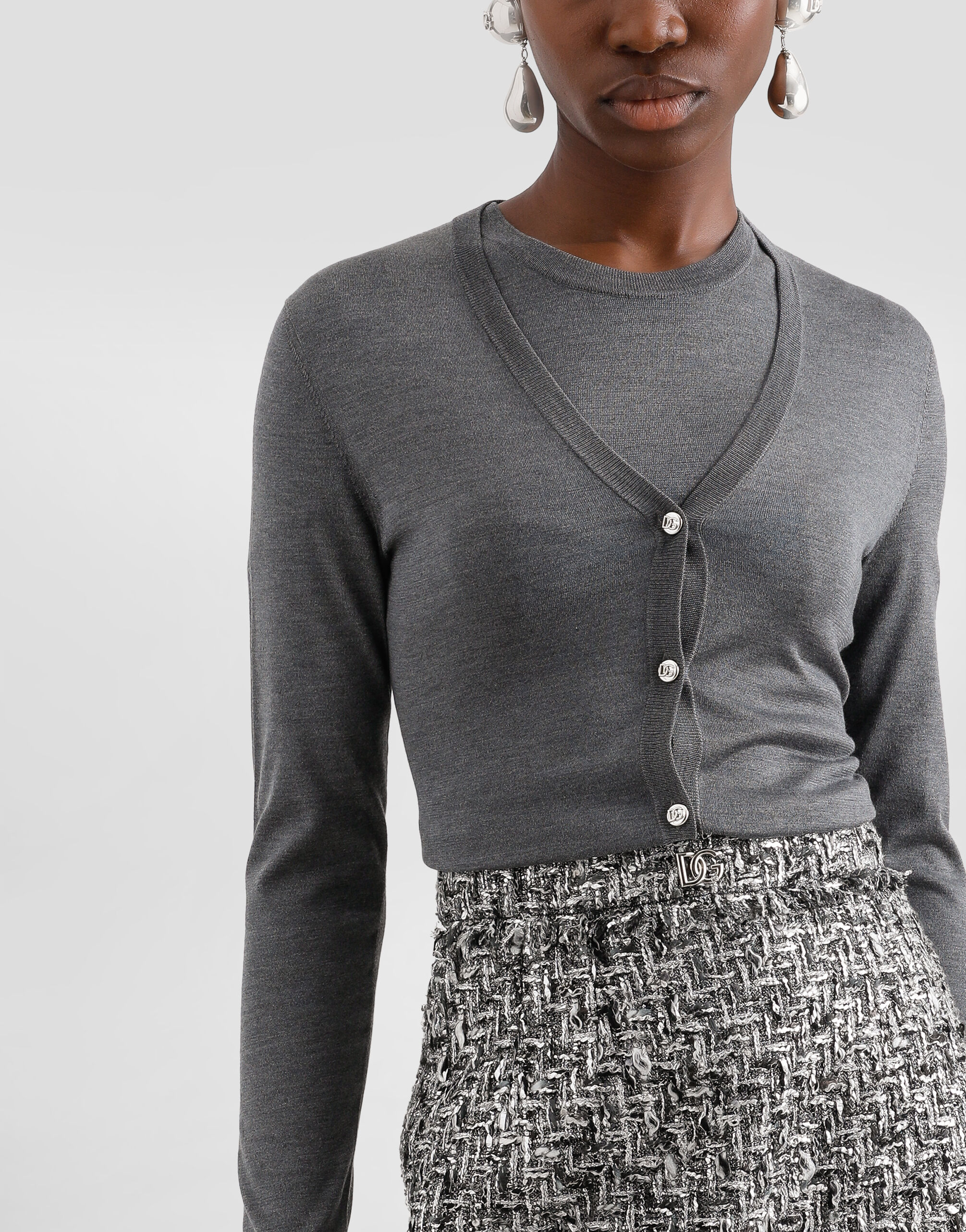 Silk V-neck cardigan with DG logo embroidery in Grey for Women
