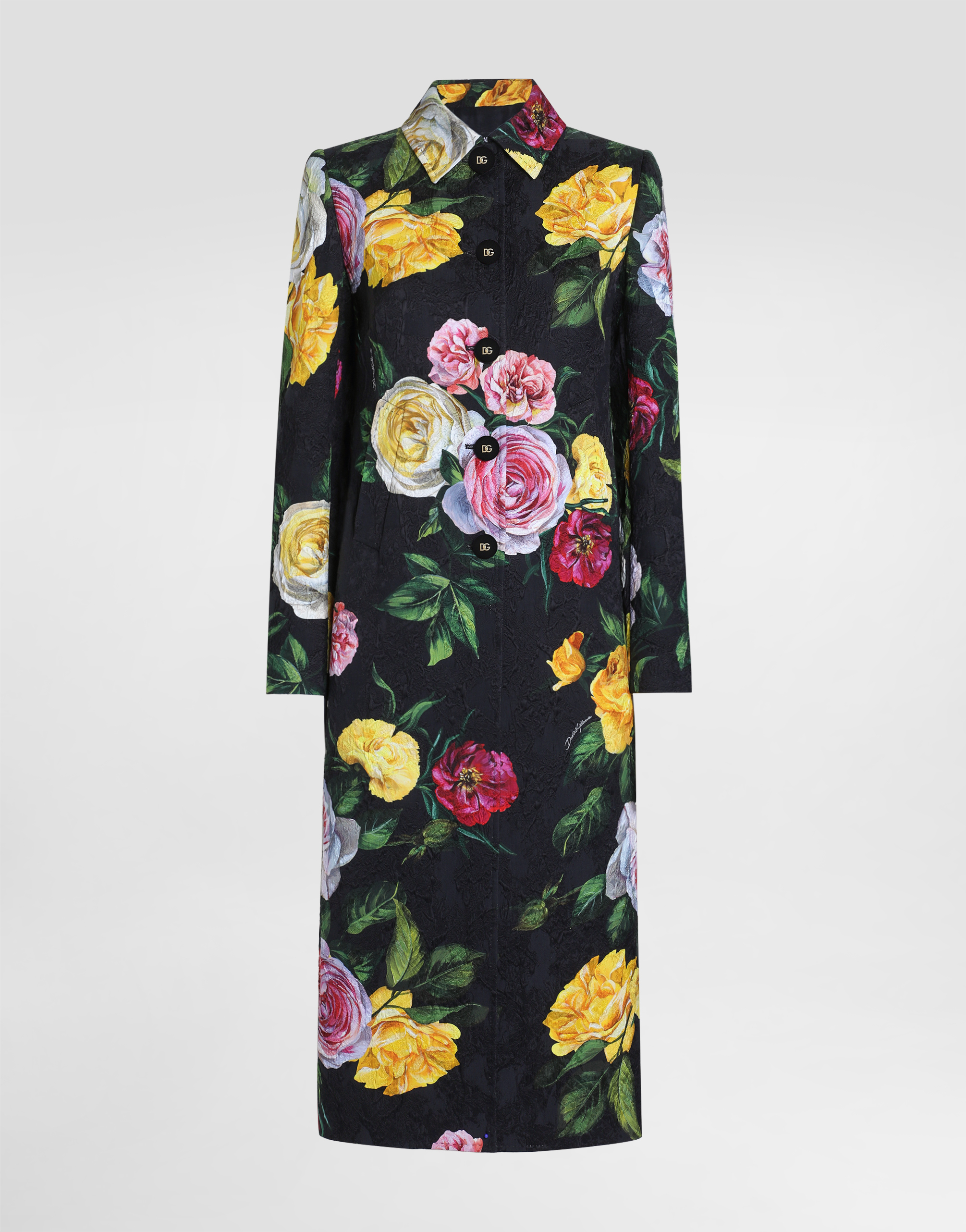 Single-breasted peony and rose-print brocade coat in Print for