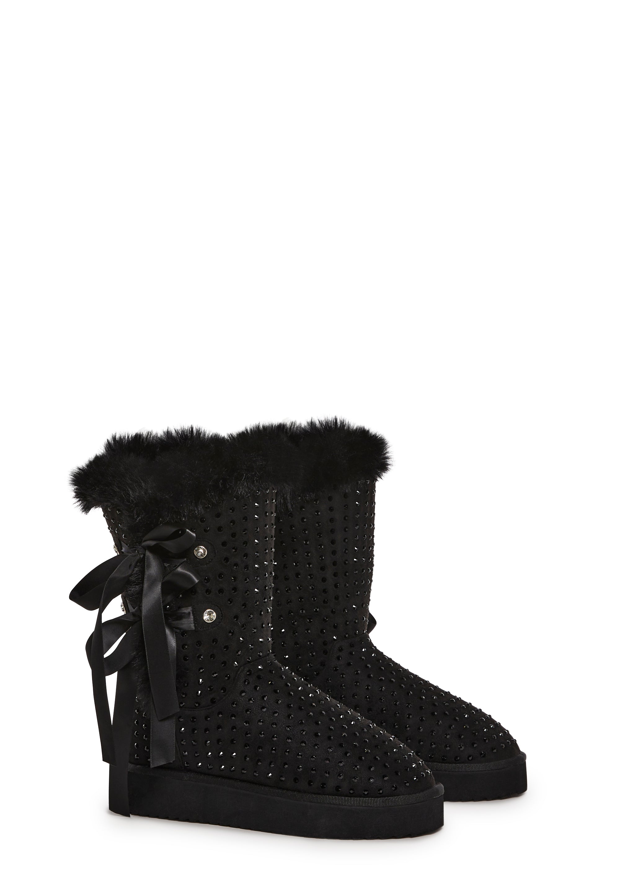 Sugar Thrillz Rhinestone Fur Trim Booties - Black – Dolls Kill