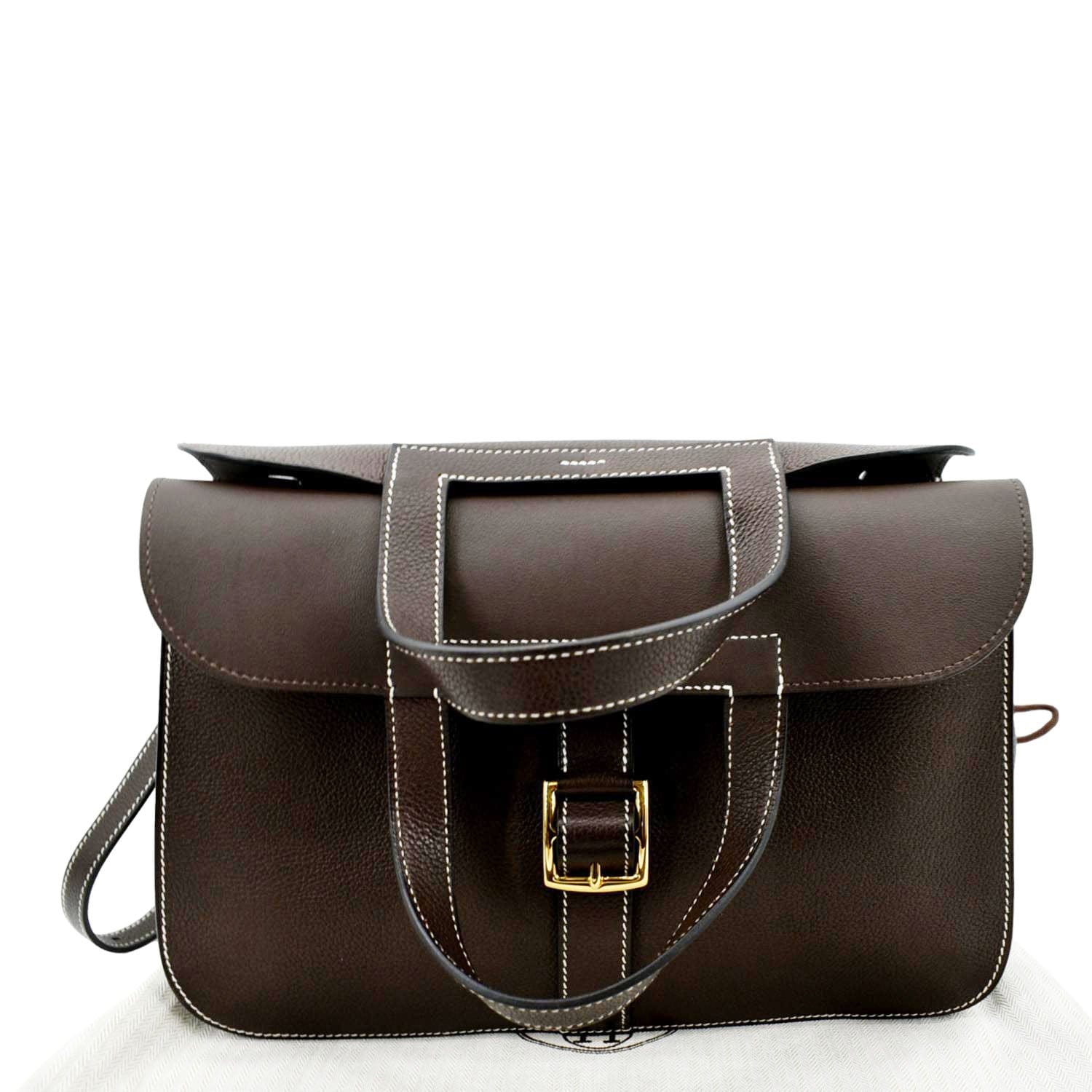 HERMES Halzan 31 Clemence Leather Crossbody Bag Etoupe