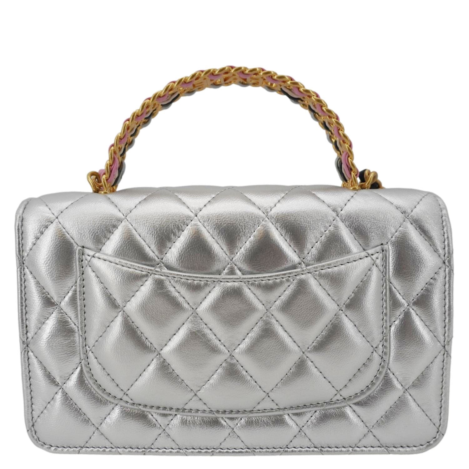 CHANEL Rainbow Woven WOC Calfskin Leather Top Handle Bag Metallic Silv