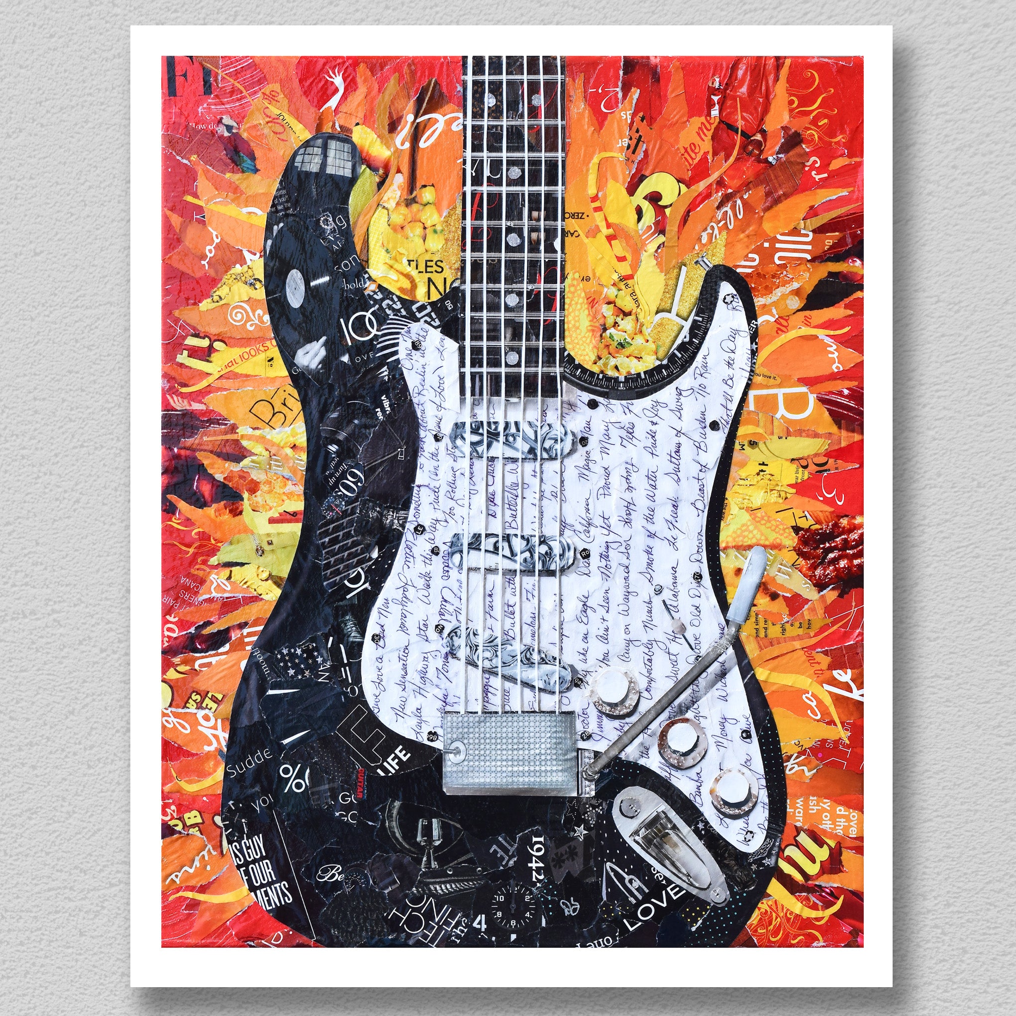 Black guitar print on red orange background – Deborah Shapiro Art