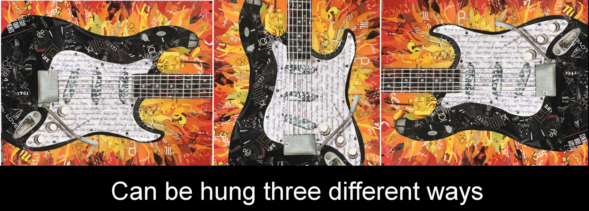 Black guitar print on red orange background – Deborah Shapiro Art