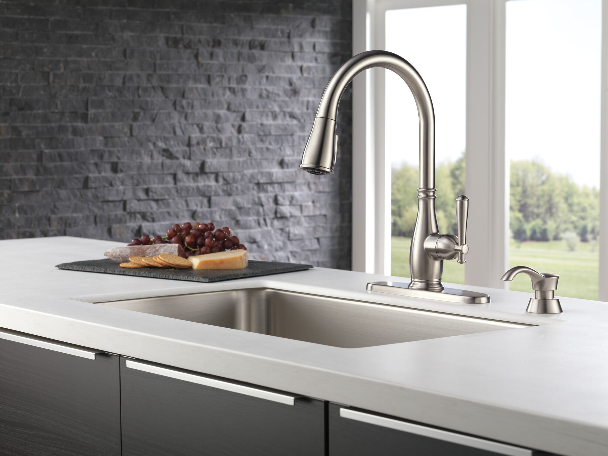 Single Handle Pull-Down Kitchen Faucet with Soap Dispenser and