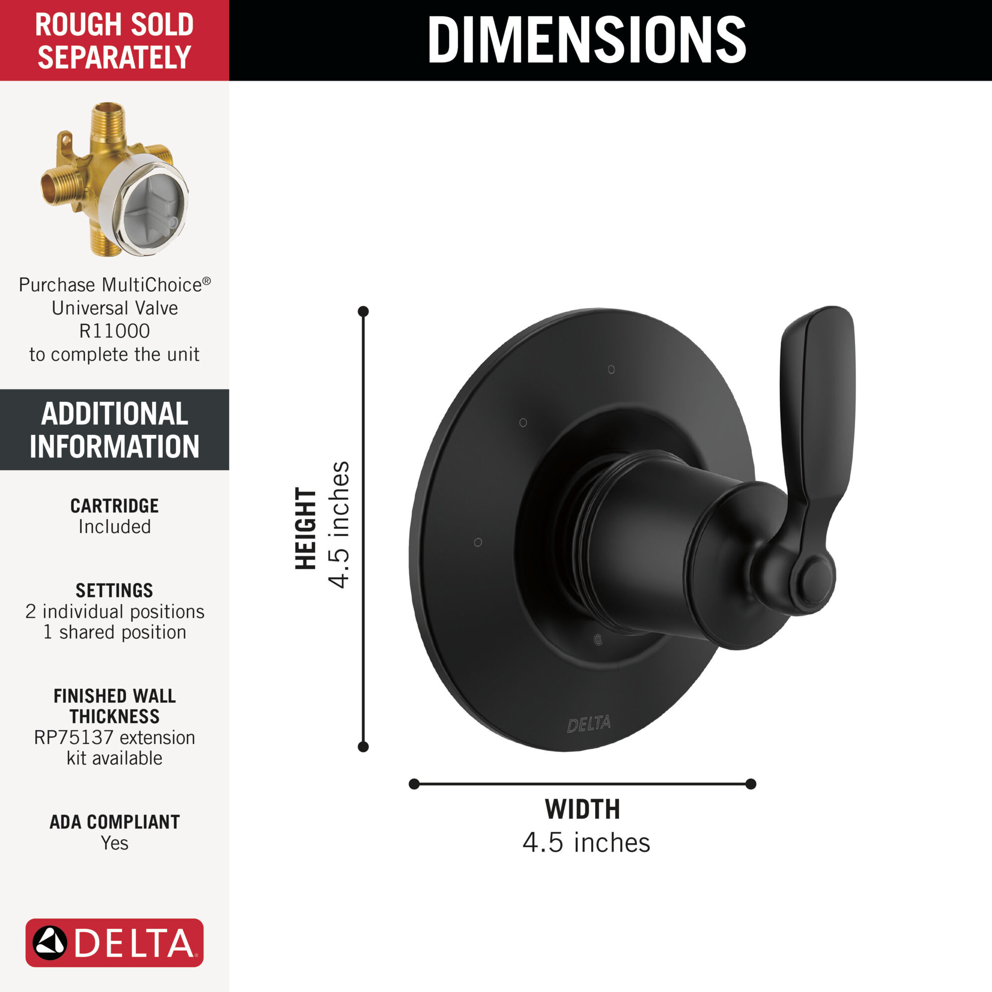 3-Setting 2-Port Diverter Trim in Matte Black T11832-BL | Delta Faucet