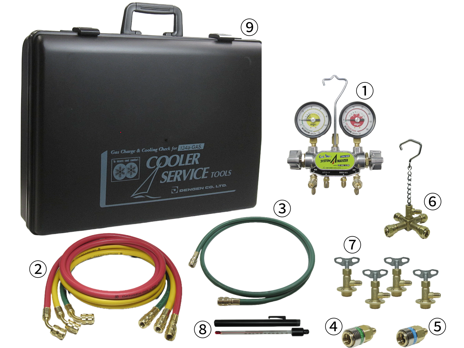 R-134a/PAG専用 ガスチャージ工具セット 2バルブ 15点セット