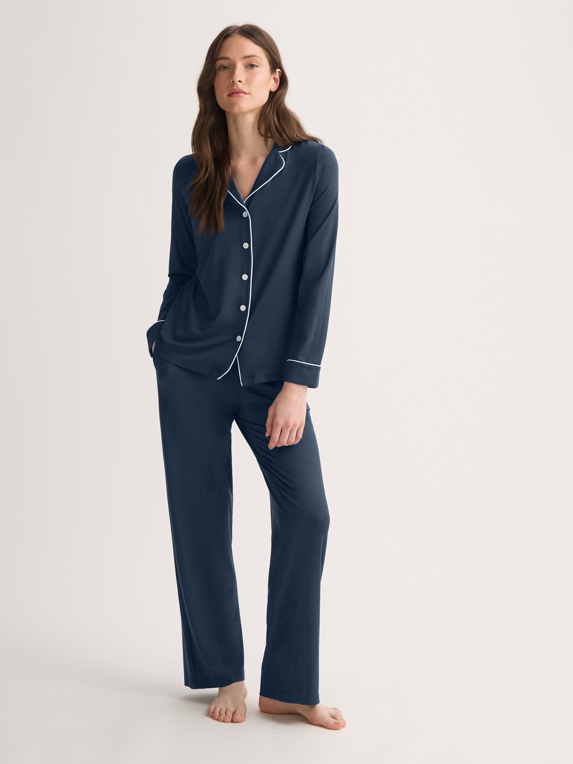 Lara Micro Modal Stretch Navy Women's V-Neck Sleep T-Shirt | Derek