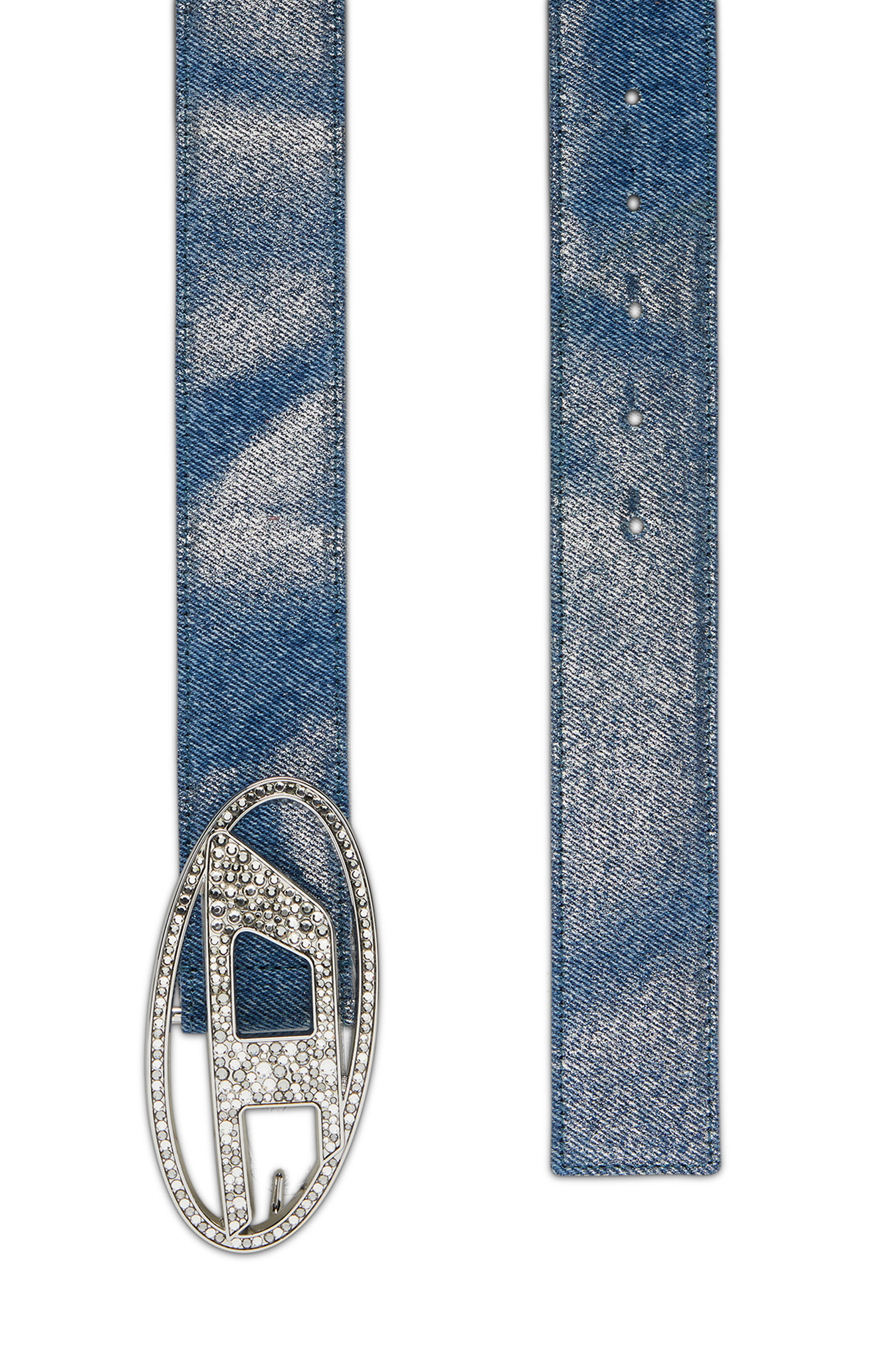 B-1DR STRASS 4cm Leather-backed denim belt with crystals｜ブルー