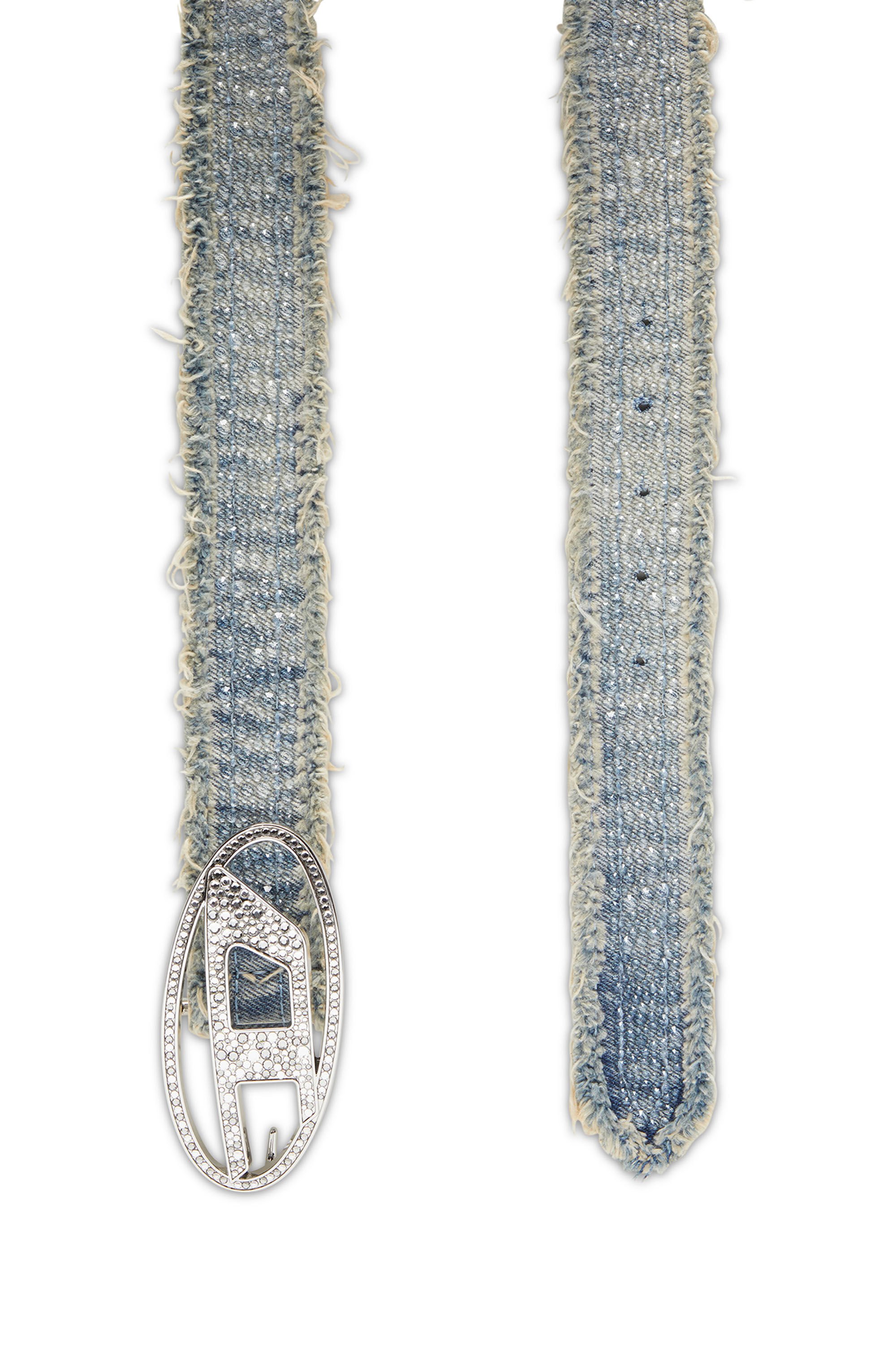 B-1DR STRASS 4cm Leather-backed denim belt with crystals｜ブルー