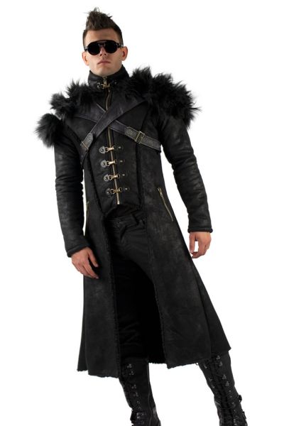 Black Faux Shearling Coat Men - Victorian Steampunk Coat