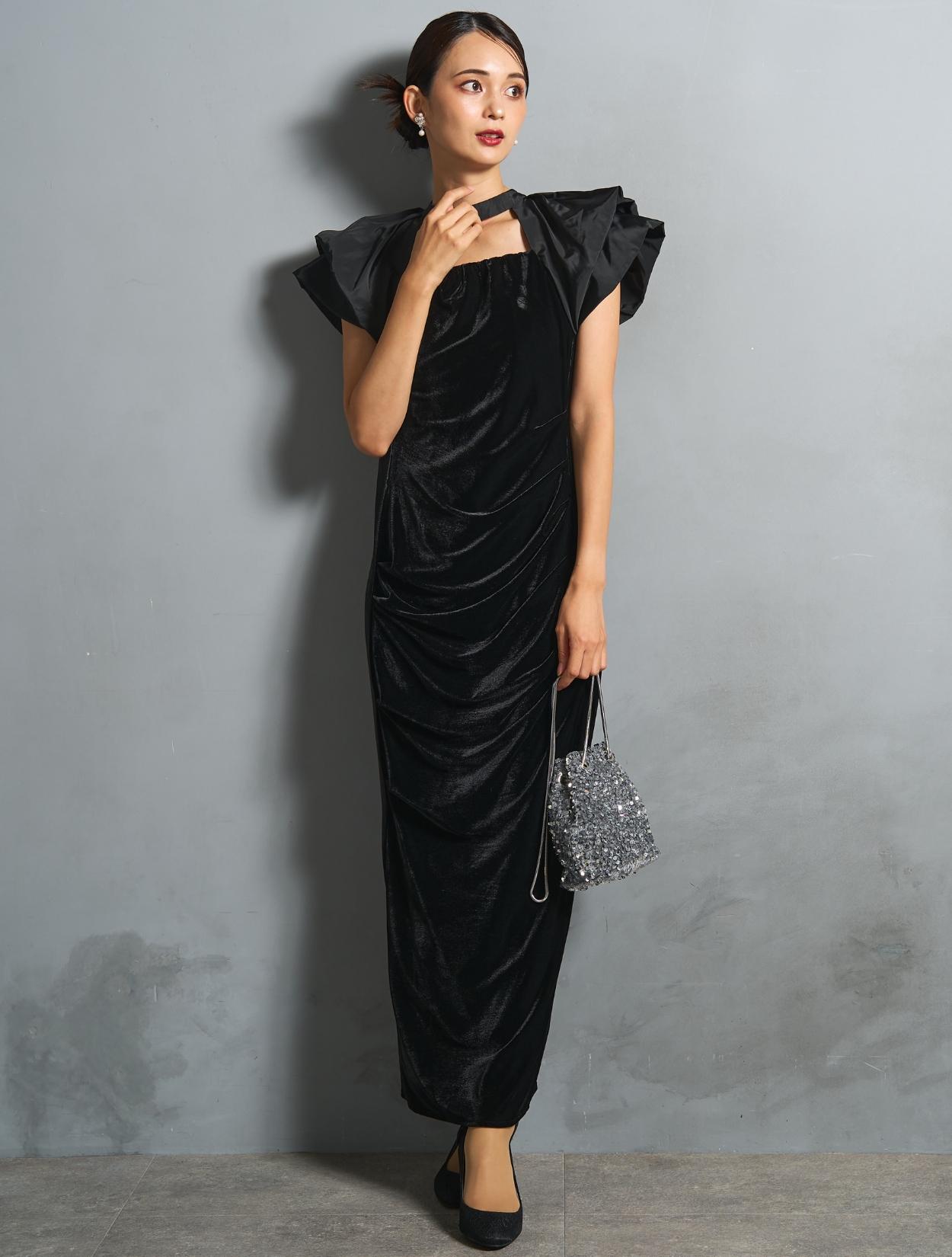 M/L】ベロア×タフタドレープドレス（ブラック）DPSET0866のレンタル
