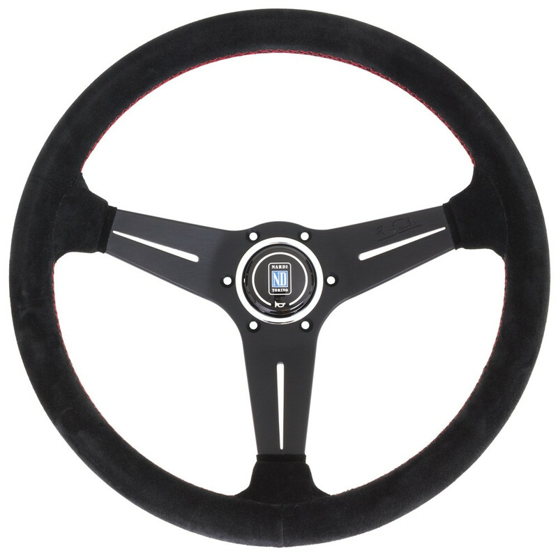 Nardi Deep Corn Steering Wheel, Suede, Black Spokes, Red Stitching