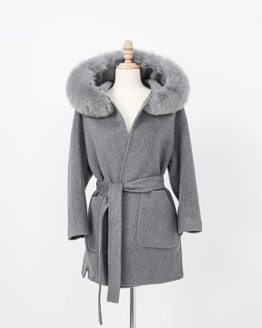 ストラップ&ファー付ウールフードハーフコート | レディース
