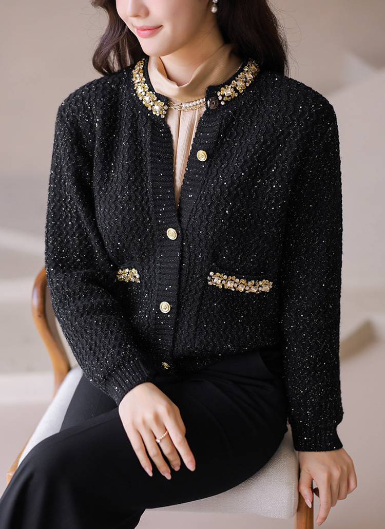 ビーズビジュースパンコールラウンドネックカーディガン | レディース