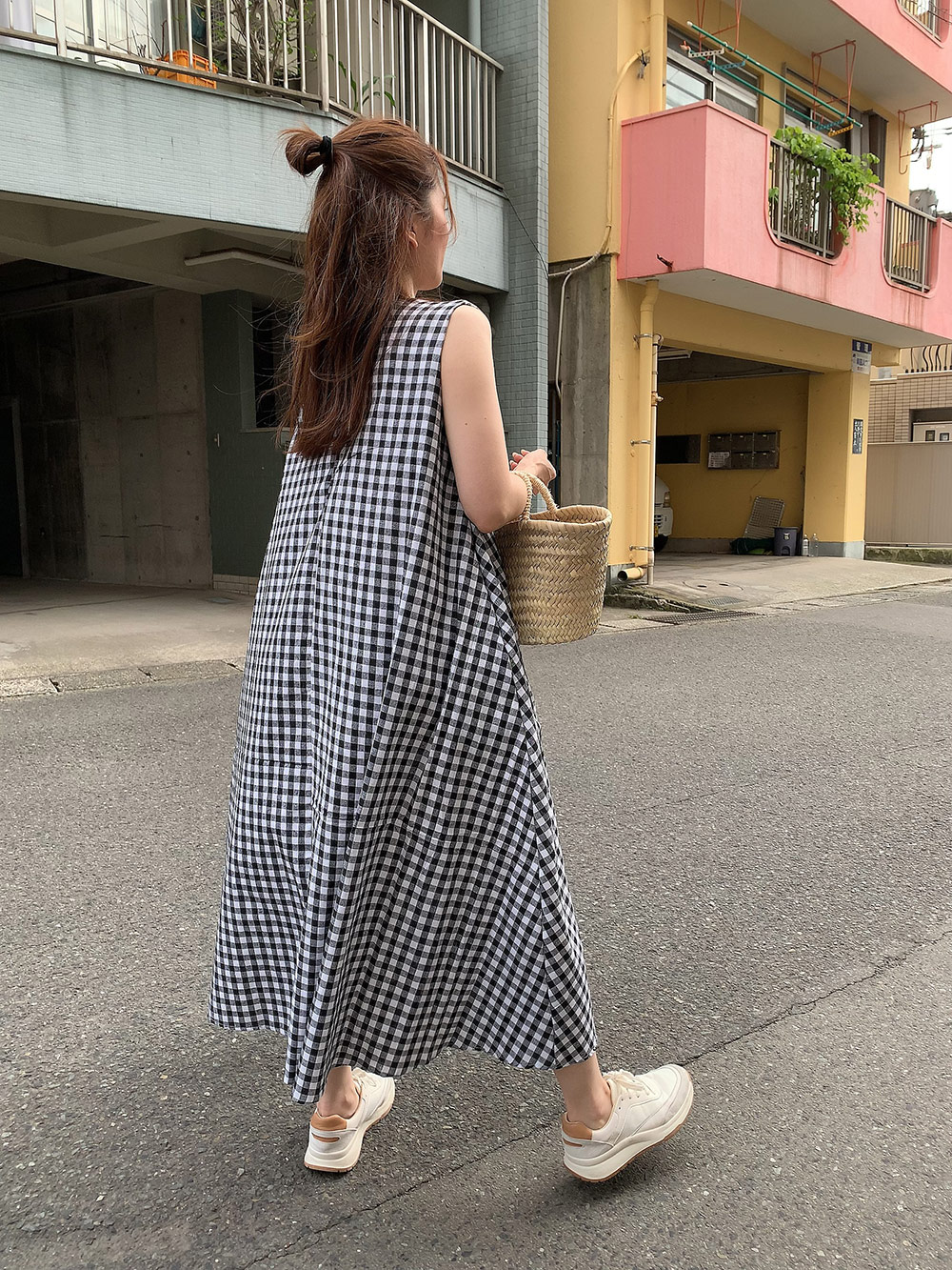 ギンガムチェックノースリーブワンピース | レディースファッション
